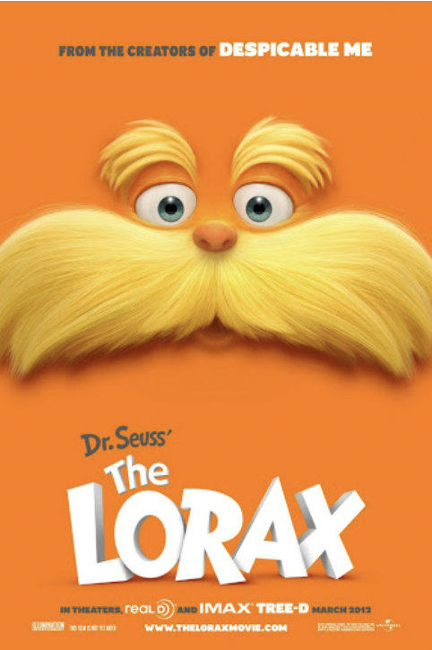 Dr. Seuss' The Lorax movie poster featuring a large, furry Lorax face with a prominent mustache in Tuscaloosa, Alabama.