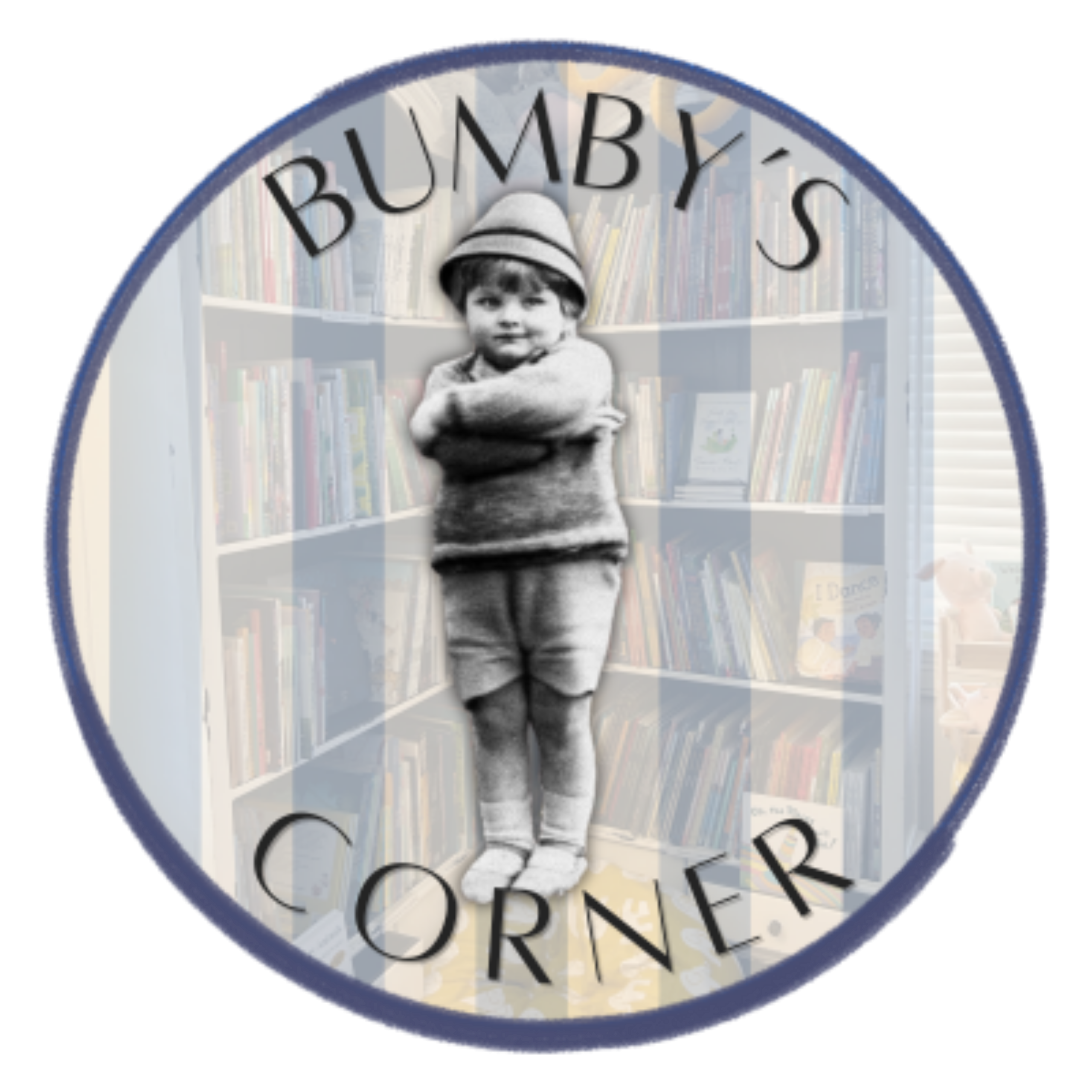 A young child stands confidently in a library, arms crossed, surrounded by bookshelves in Tuscaloosa, Alabama.