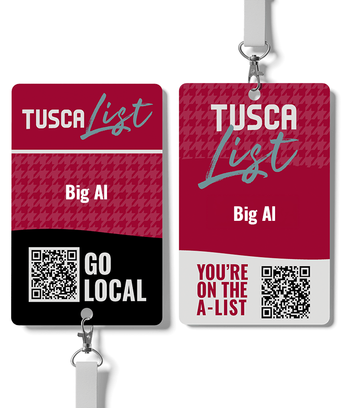 Two red and black lanyard ID badges with QR codes and text promoting local businesses in Tuscaloosa, Alabama in Tuscaloosa, Alabama.