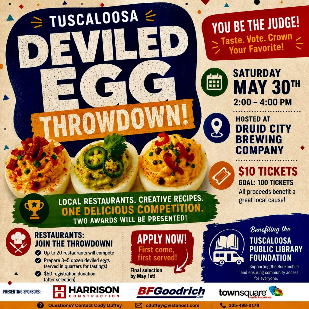 Tuscaloosa Deviled Egg Throwdown event poster featuring local restaurants competing for best deviled eggs in Tuscaloosa, Alabama.
