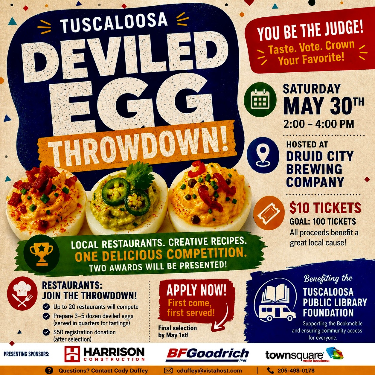 Tuscaloosa Deviled Egg Throwdown event poster featuring local restaurants competing for best deviled eggs in Tuscaloosa, Alabama.