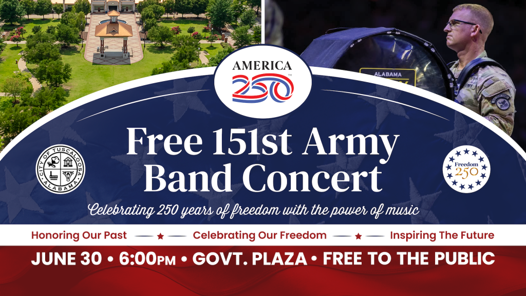 A soldier in uniform playing a drum with an American flag backdrop, alongside an image of a park with a gazebo and trees in Tuscaloosa, Alabama.