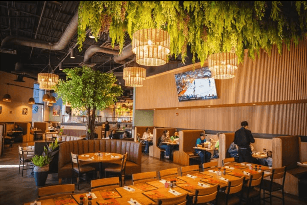 A modern restaurant with a cozy atmosphere, featuring wooden booths, hanging plants, and a large TV screen in Tuscaloosa, Alabama.