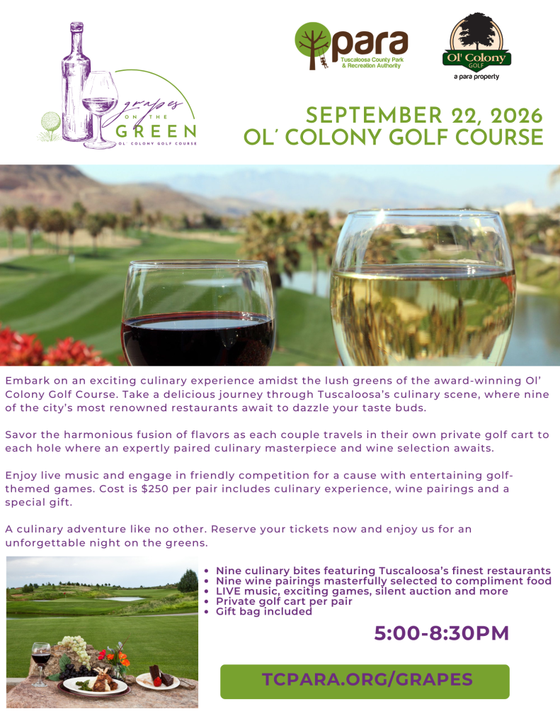 A scenic golf course with lush green fairways and mountains in the background, featuring a wine and culinary event in Tuscaloosa, Alabama.