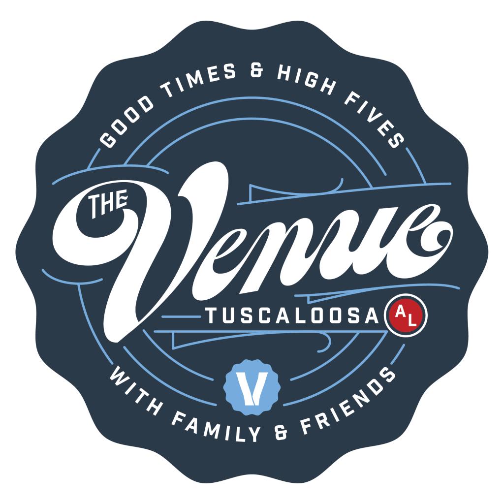 A vintage-style logo featuring 'The Venue Tuscaloosa' with a blue and white color scheme in Tuscaloosa, Alabama.