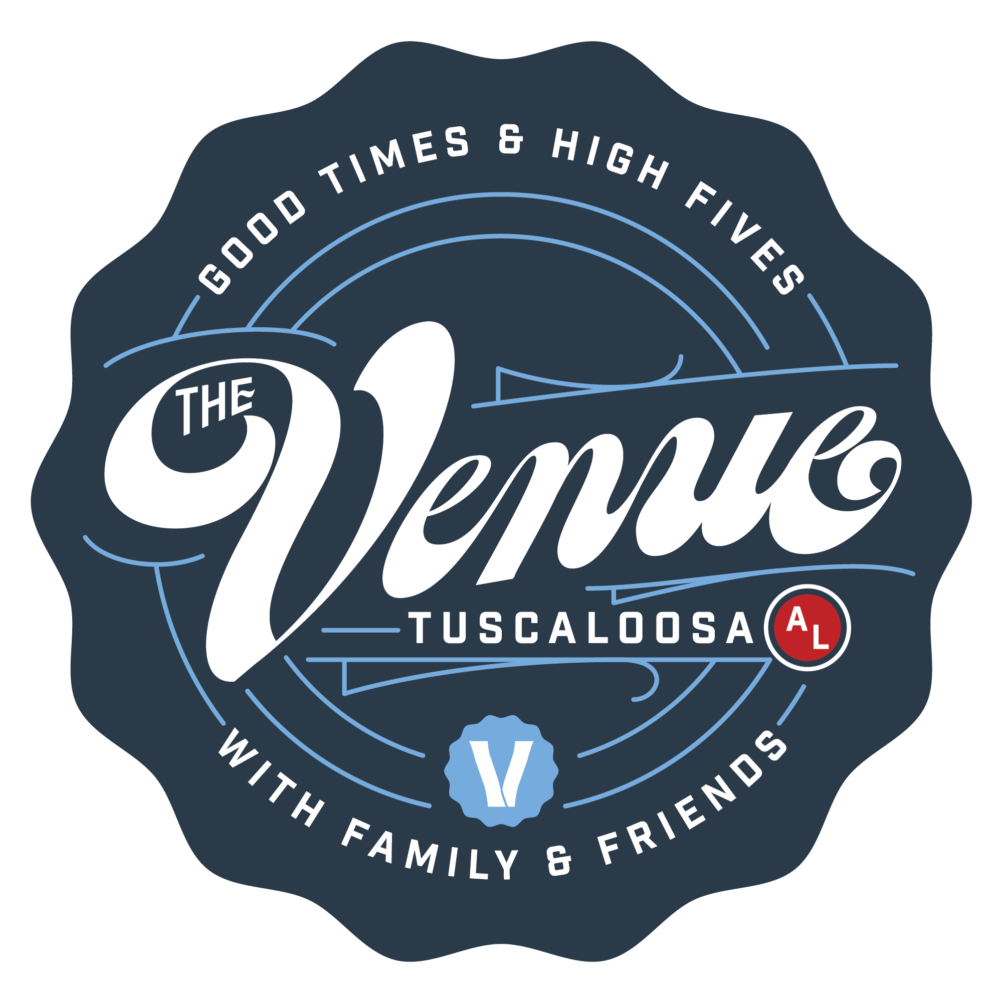 A vintage-style logo featuring 'The Venue Tuscaloosa' with a blue and white color scheme, surrounded by decorative elements and the phrase 'Good Times & High Fives' in Tuscaloosa, Alabama.