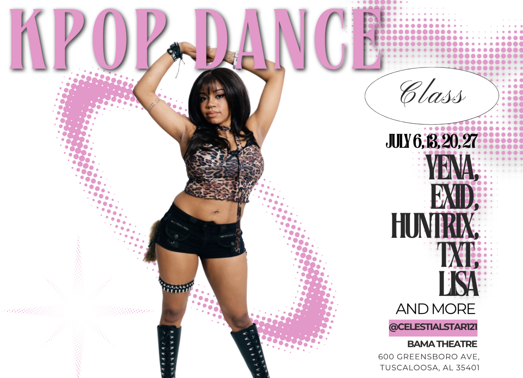 A woman in a leopard print top and black shorts dancing energetically, promoting a K-pop dance class in Tuscaloosa, Alabama.