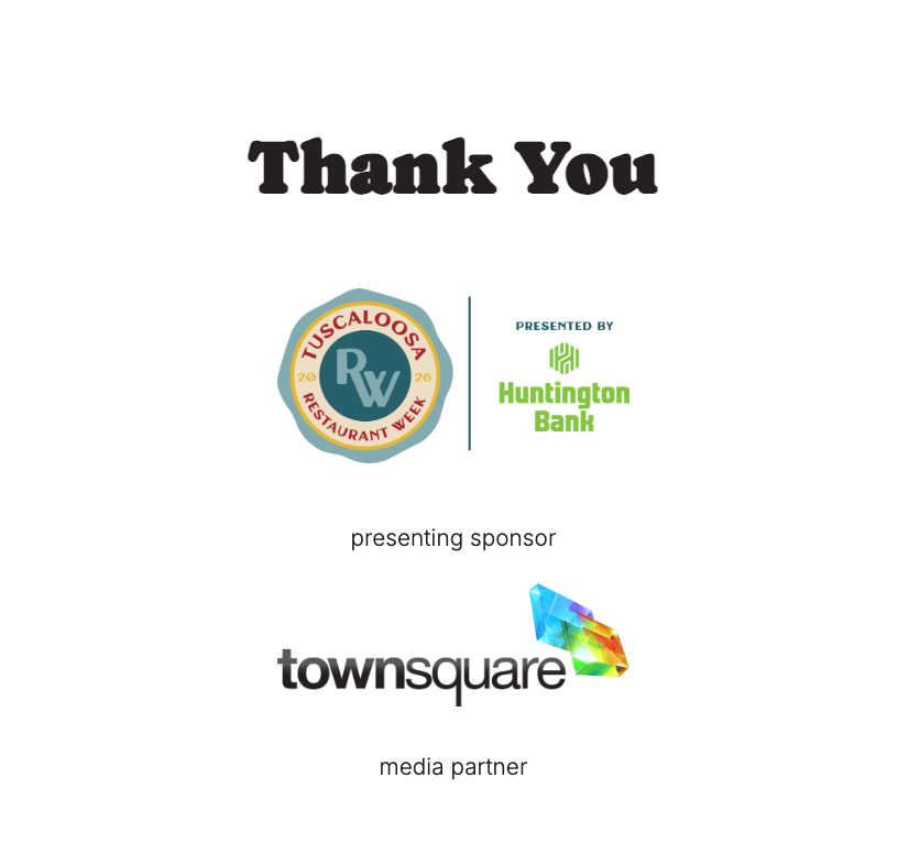 A thank you note with logos from Tuscaloosa Restaurant Week, Huntington Bank, and TownSquare Media in Tuscaloosa, Alabama.
