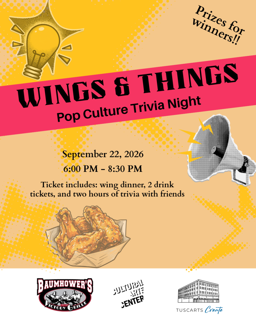 A promotional flyer for a Wings and Things pop culture trivia night event in Tuscaloosa, Alabama.