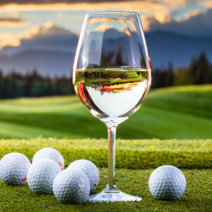 A glass of white wine sits on a golf course surrounded by golf balls in Tuscaloosa, Alabama.