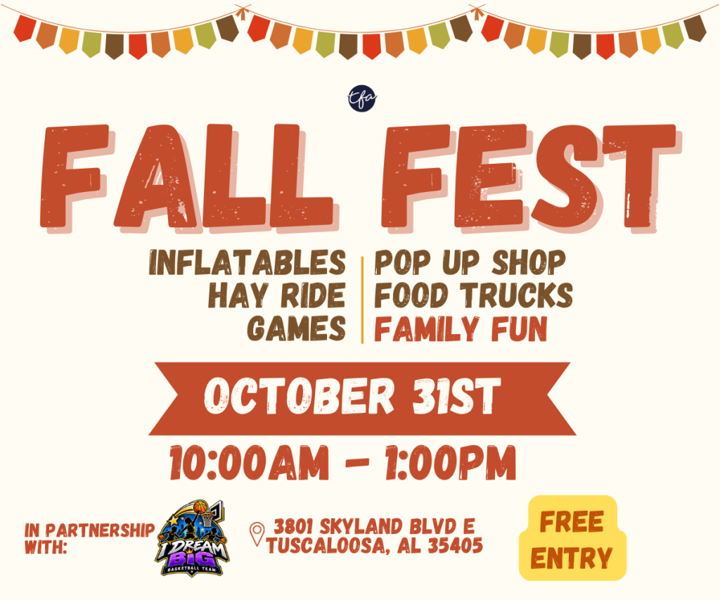 A flyer for a Fall Fest event on October 31st with free entry in Tuscaloosa, Alabama.