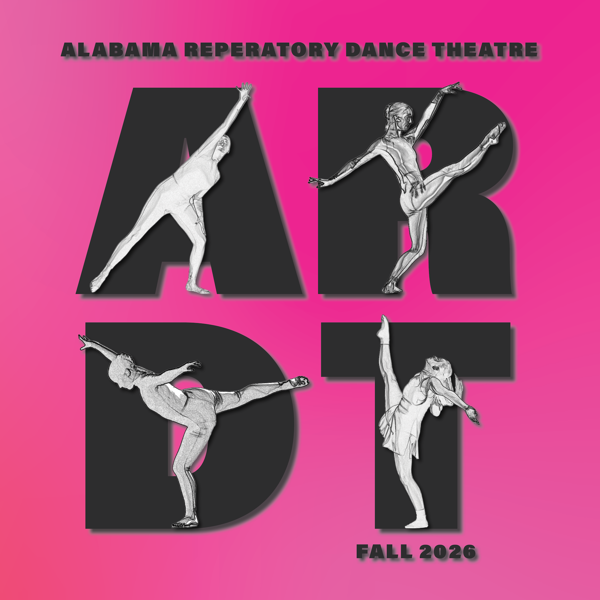 A promotional poster for Alabama Repertory Dance Theatre featuring dancers posed within large letters in Tuscaloosa, Alabama.