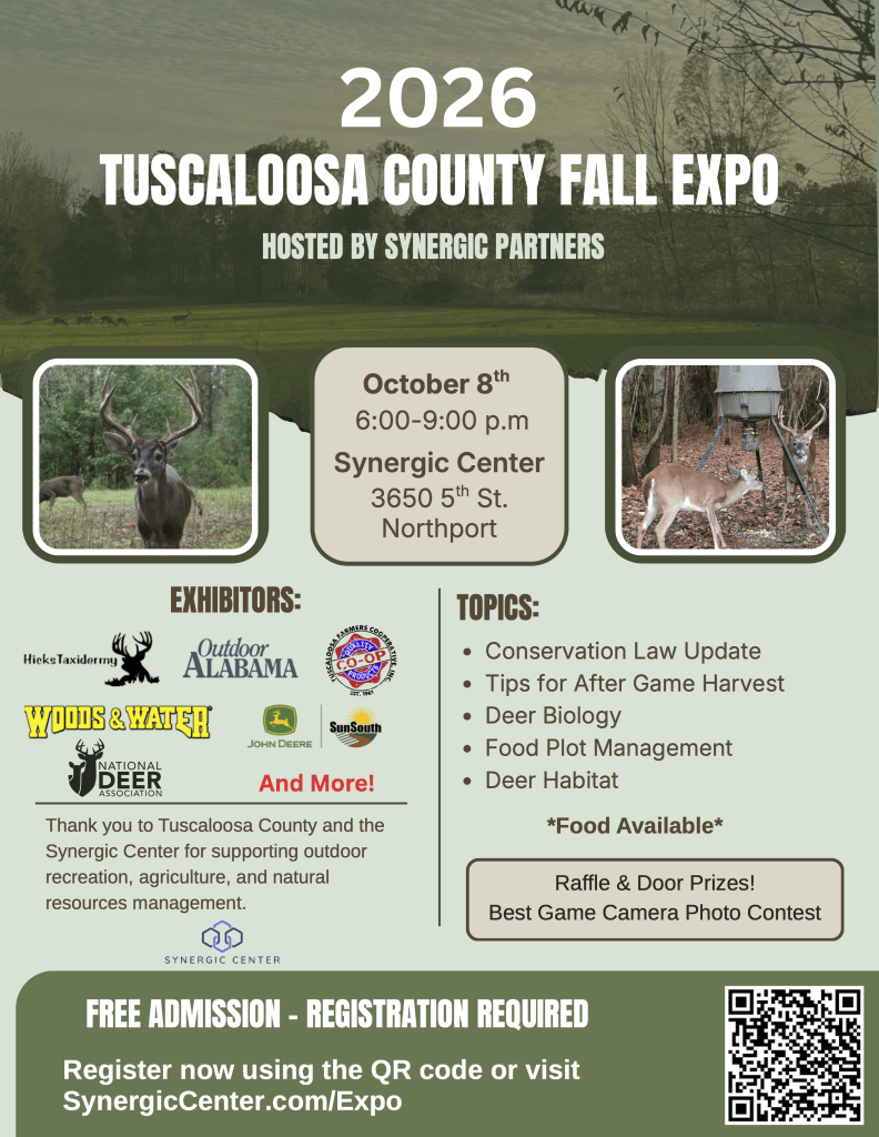 A flyer for the 2026 Tuscaloosa County Fall Expo featuring deer and event details in Tuscaloosa, Alabama.