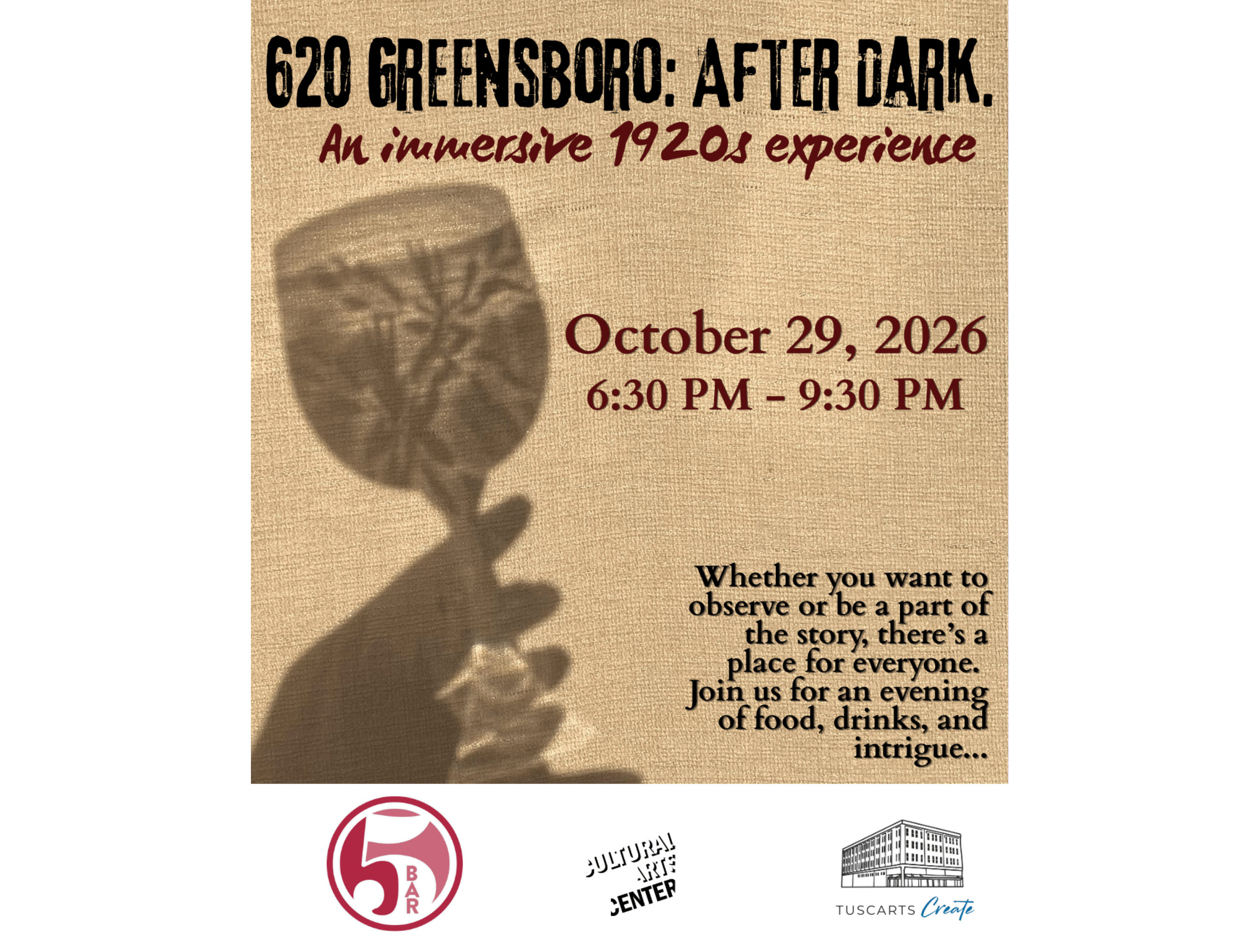 A promotional flyer for a 1920s-themed immersive event titled 620 Greensboro: After Dark in Tuscaloosa, Alabama.