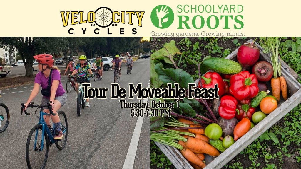 A promotional flyer for a cycling event featuring cyclists and a crate of vegetables in Tuscaloosa, Alabama.