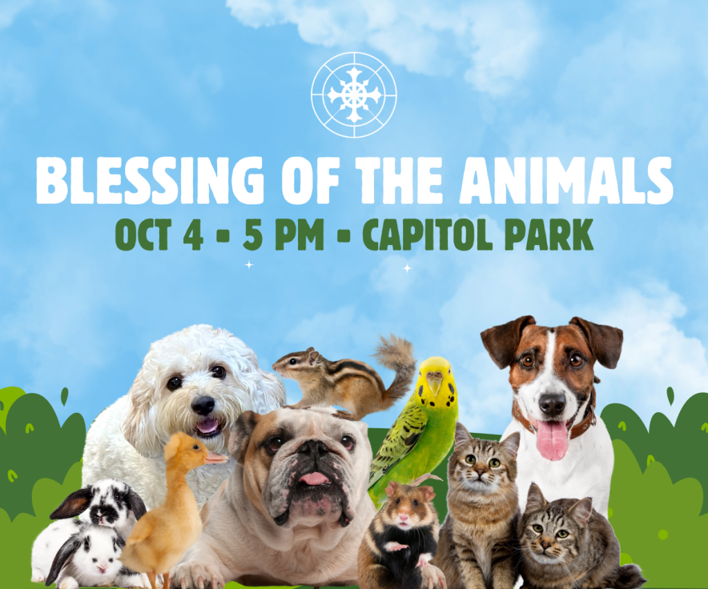 A promotional flyer for a Blessing of the Animals event featuring various pets in Tuscaloosa, Alabama.