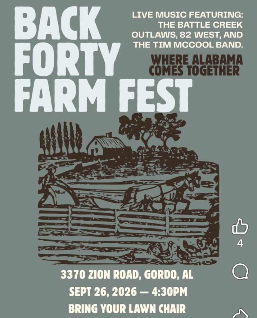 A promotional flyer for the Back Forty Farm Fest featuring live music and event details in Tuscaloosa, Alabama.