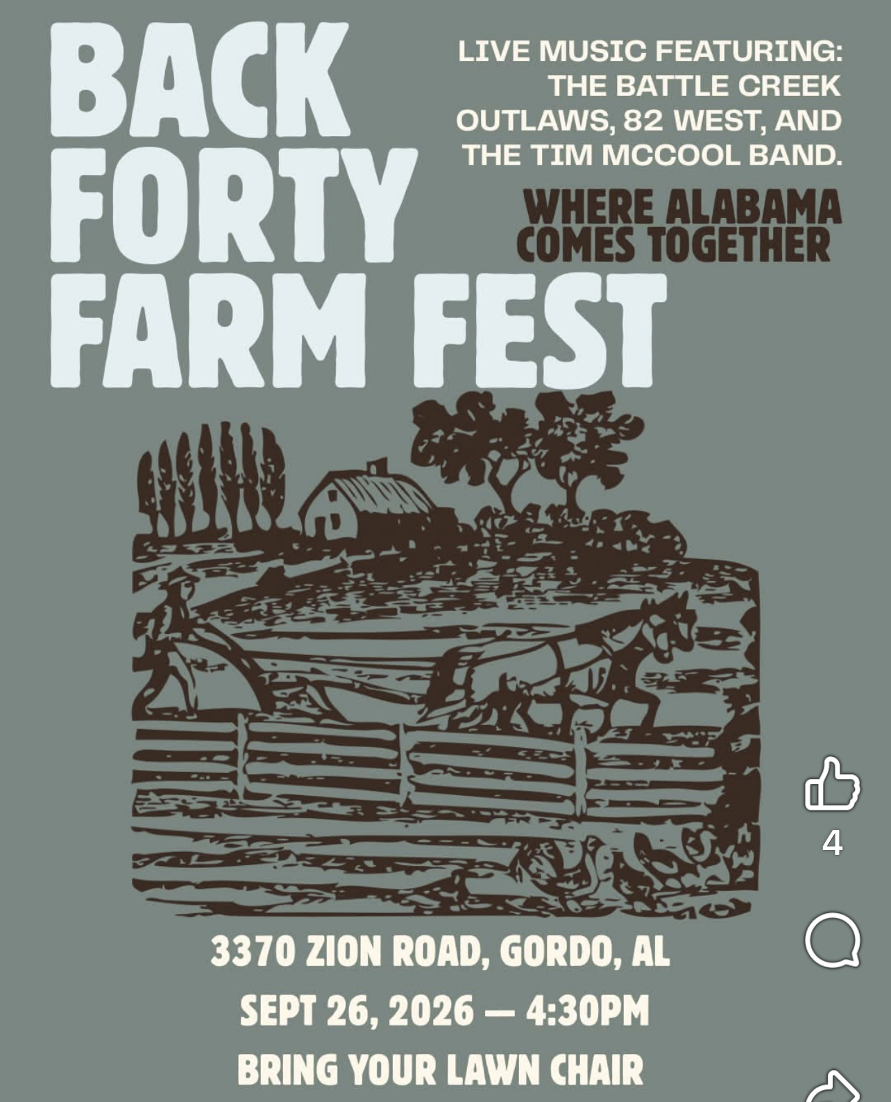 A promotional flyer for the Back Forty Farm Fest featuring live music and event details in Tuscaloosa, Alabama.