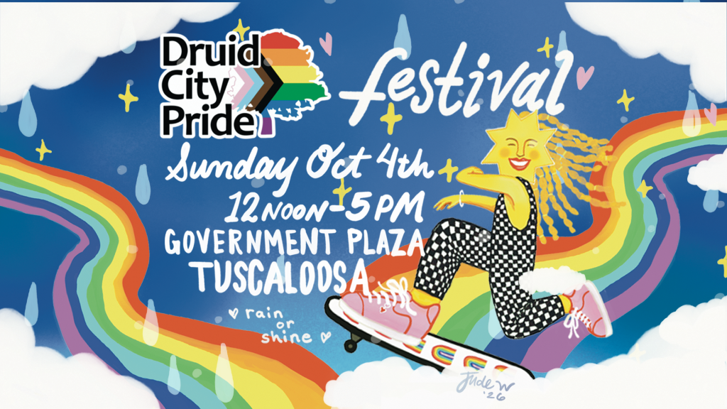 A colorful poster for the Druid City Pride festival featuring a sun-headed skateboarder in Tuscaloosa, Alabama.