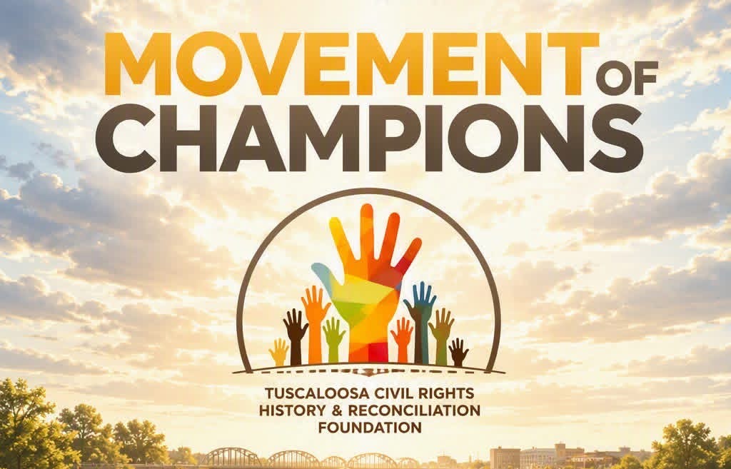 A graphic featuring the text Movement of Champions over a colorful hand-raised logo in Tuscaloosa, Alabama.