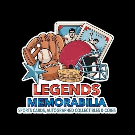 A logo for Legends Memorabilia featuring sports equipment, trading cards, and coins in Tuscaloosa, Alabama.