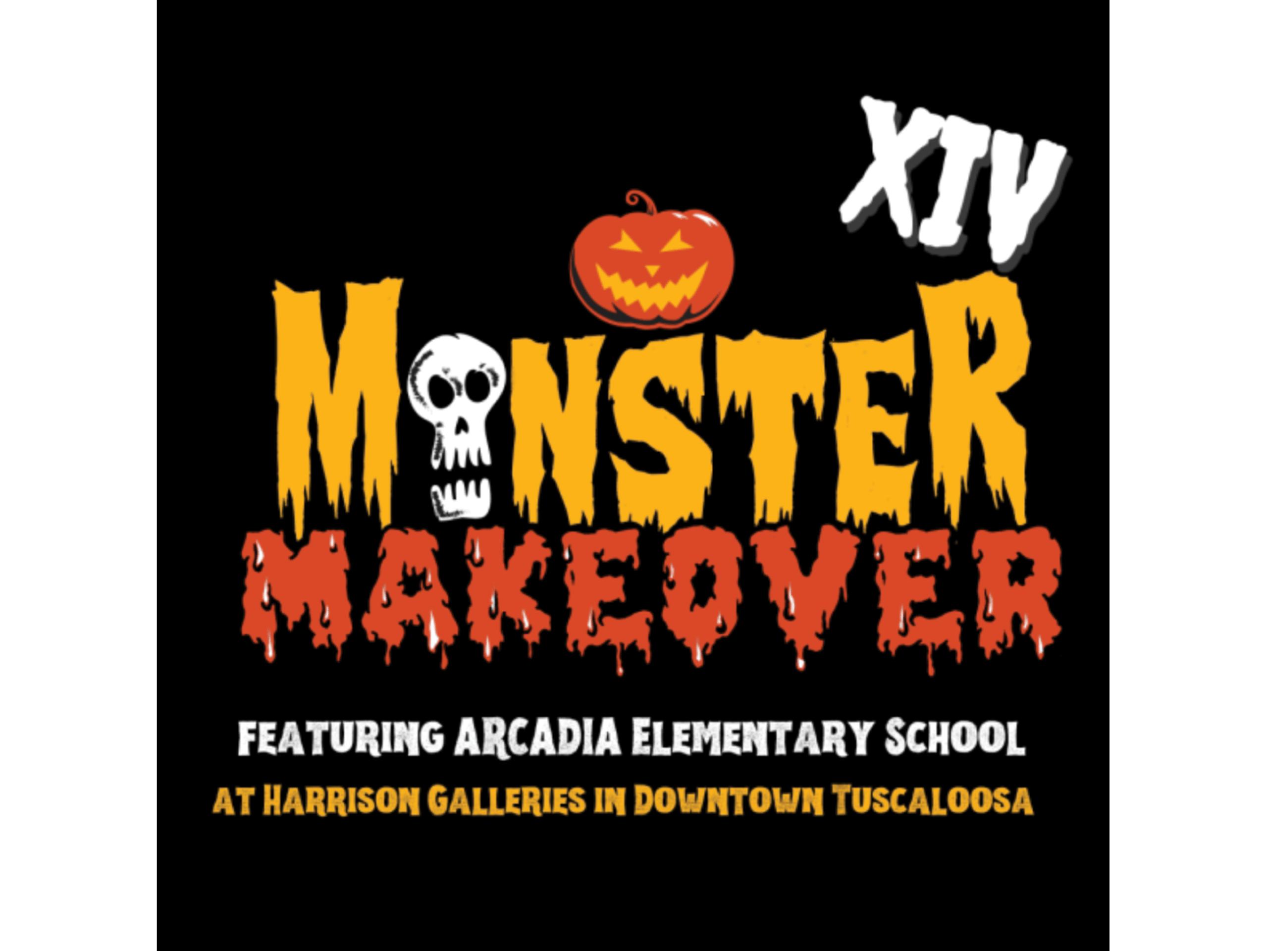 A graphic for the 14th annual Monster Makeover event featuring a pumpkin and skull in Tuscaloosa, Alabama.