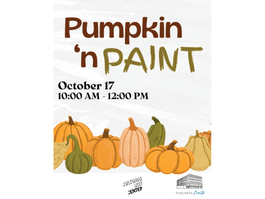 A promotional flyer for a Pumpkin 'n Paint event on October 17th in Tuscaloosa, Alabama.