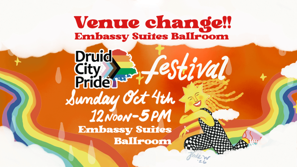 A colorful digital flyer announcing a venue change for the Druid City Pride festival in Tuscaloosa, Alabama.