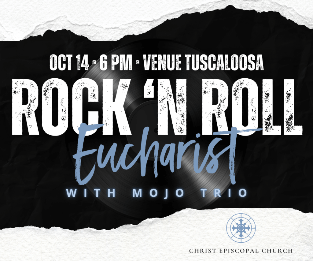 A promotional flyer for a Rock 'n Roll Eucharist event featuring a vinyl record in Tuscaloosa, Alabama.