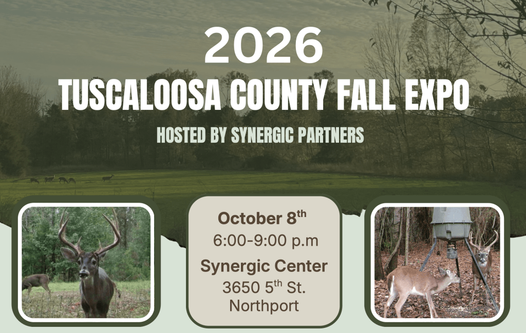 A flyer for the 2026 Tuscaloosa County Fall Expo featuring deer imagery in Tuscaloosa, Alabama.