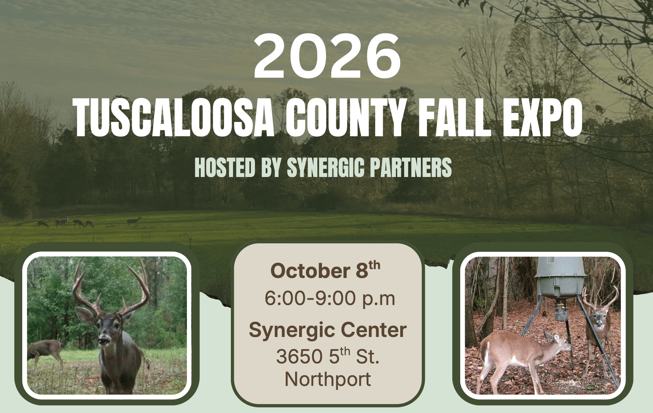 A flyer for the 2026 Tuscaloosa County Fall Expo featuring deer imagery in Tuscaloosa, Alabama.