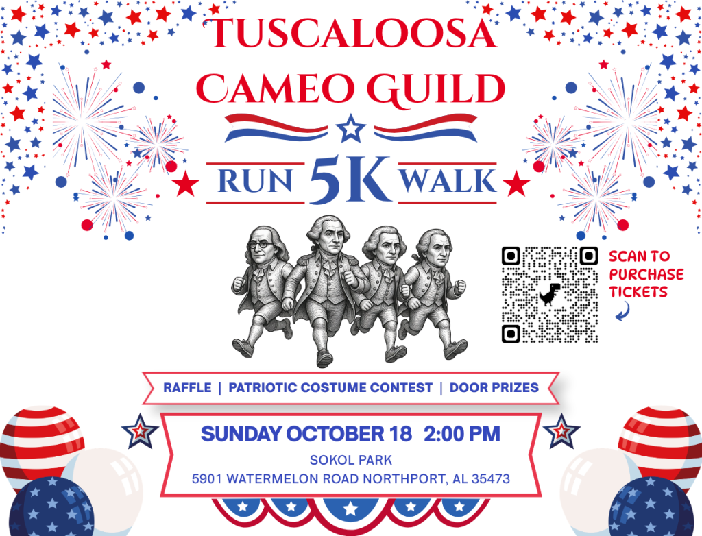 A flyer for the Tuscaloosa Cameo Guild 5K run and walk event in Tuscaloosa, Alabama.