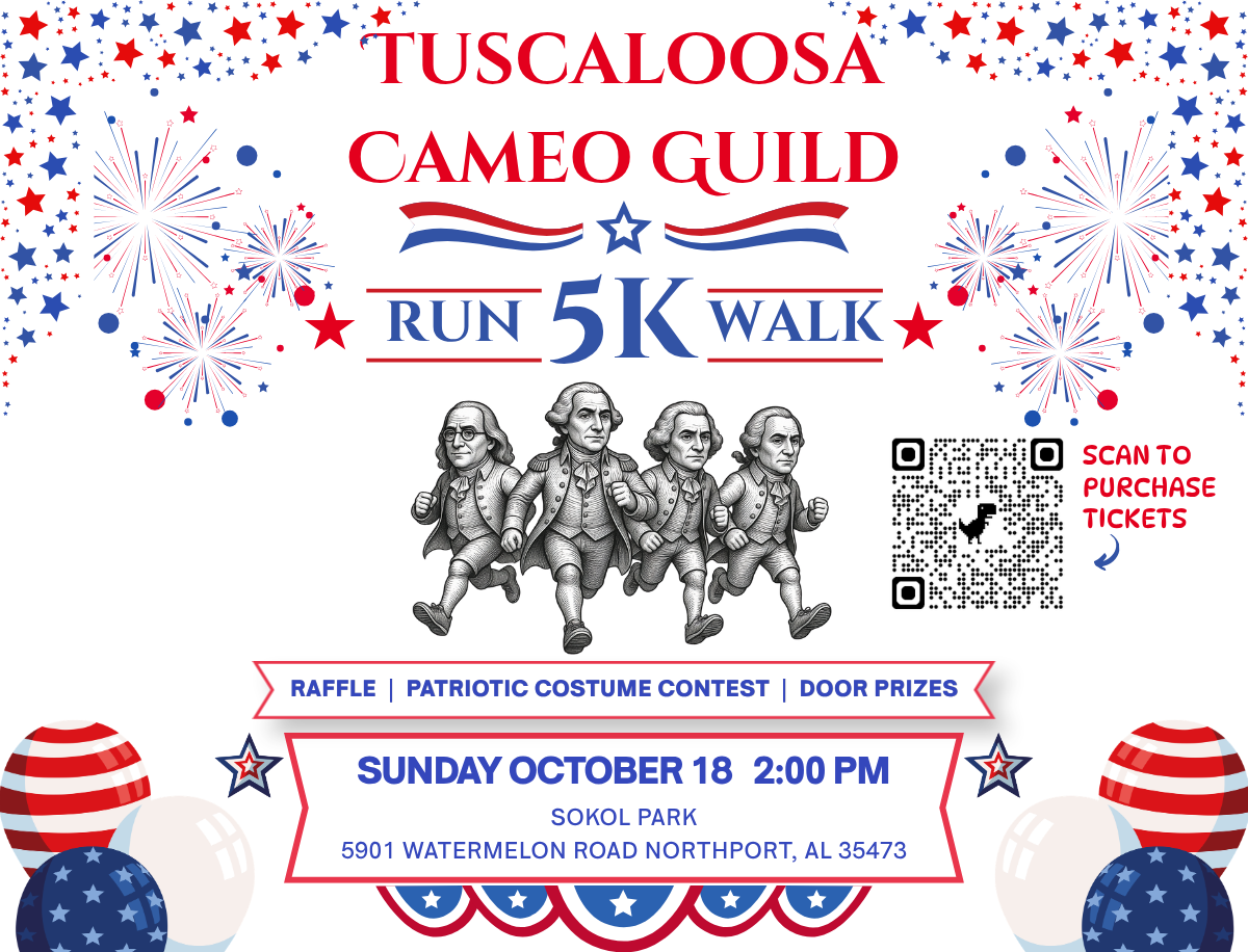 A flyer for the Tuscaloosa Cameo Guild 5K run and walk event in Tuscaloosa, Alabama.