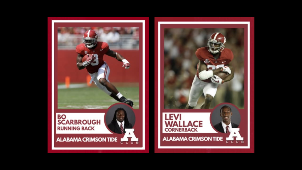 Two Alabama Crimson Tide football player trading cards featuring Bo Scarbrough and Levi Wallace in Tuscaloosa, Alabama.