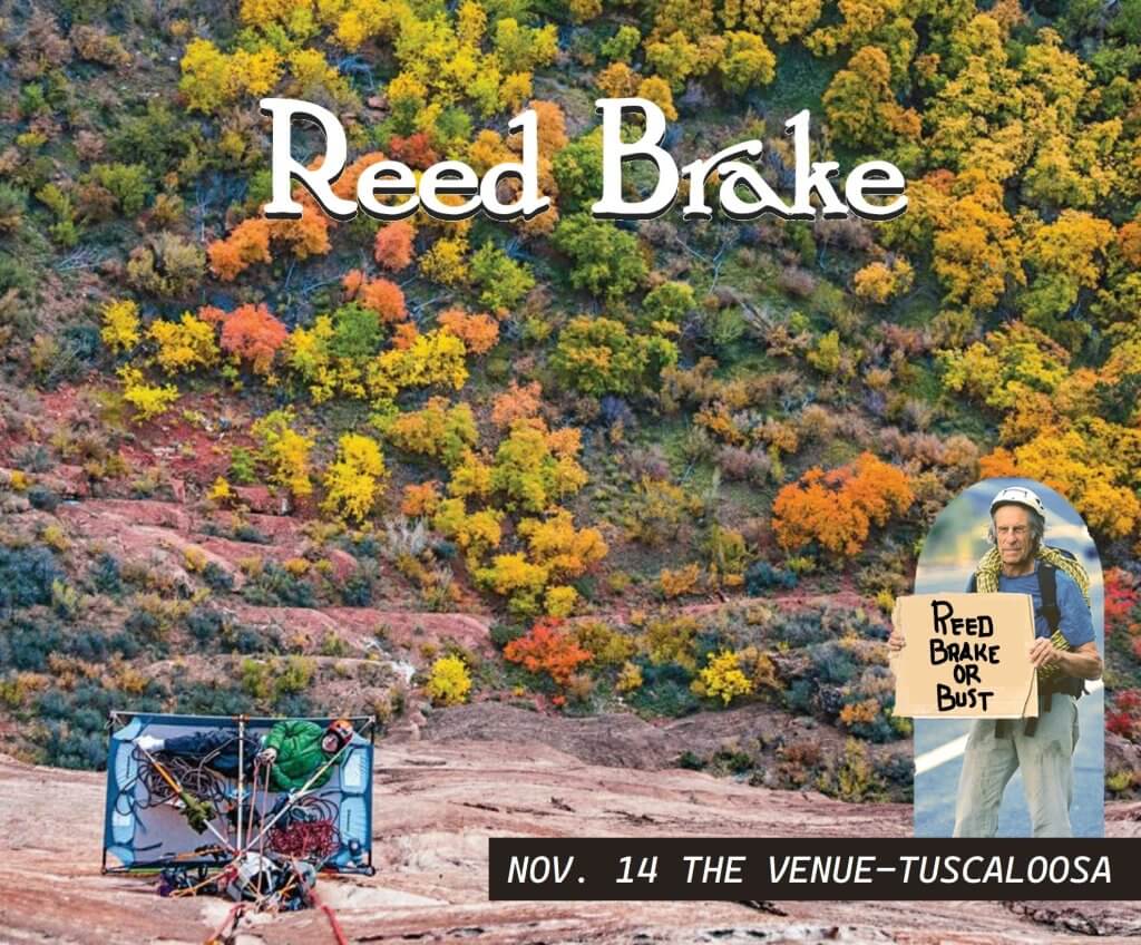 A promotional poster for Reed Brake featuring a climber and an autumn forest background in Tuscaloosa, Alabama.