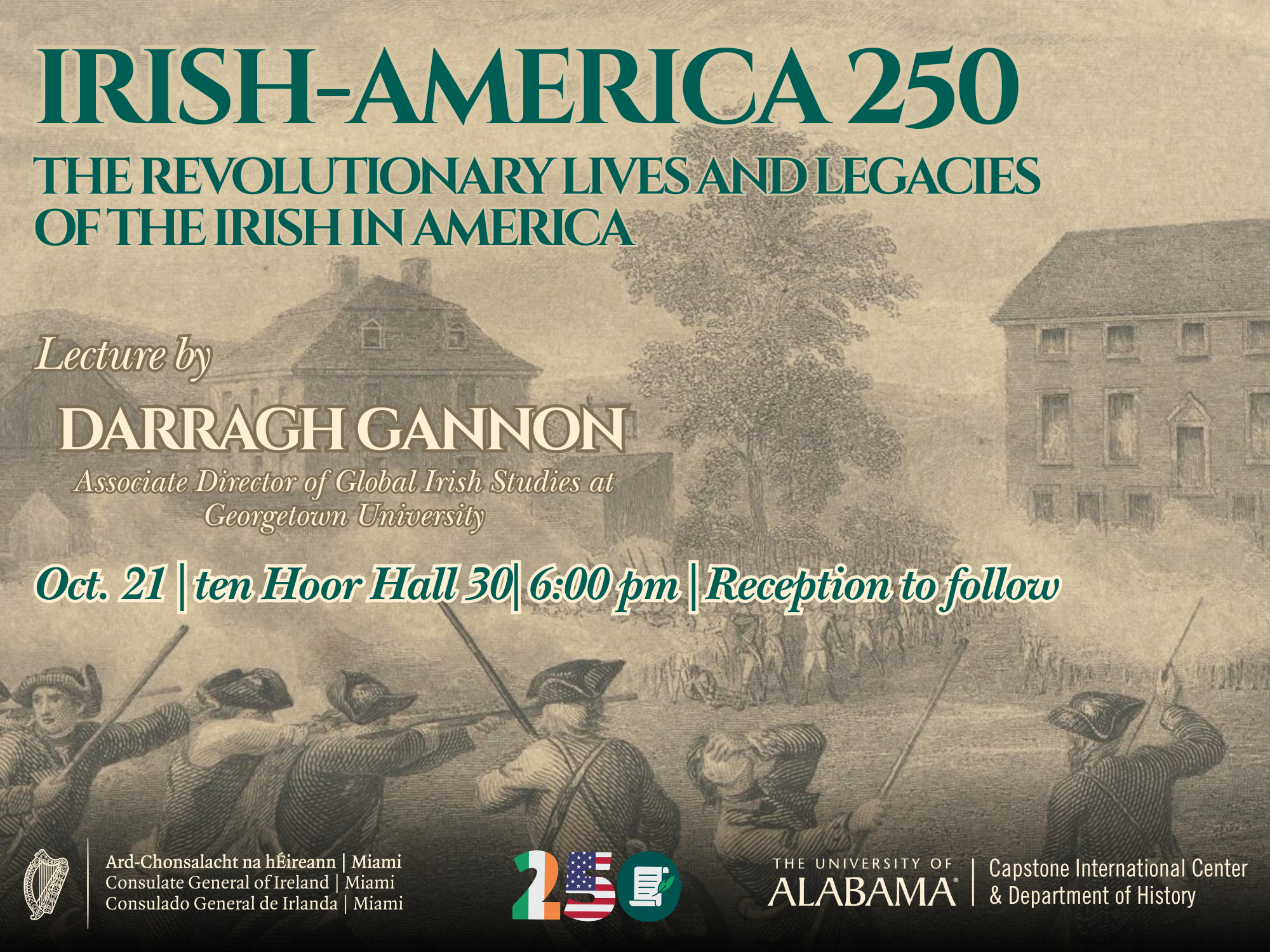 A lecture announcement poster for Irish-America 250 featuring a historical battle scene in Tuscaloosa, Alabama.
