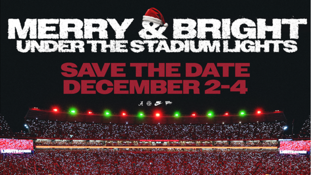 A promotional graphic for a Christmas event at a stadium with red and green lights in Tuscaloosa, Alabama.