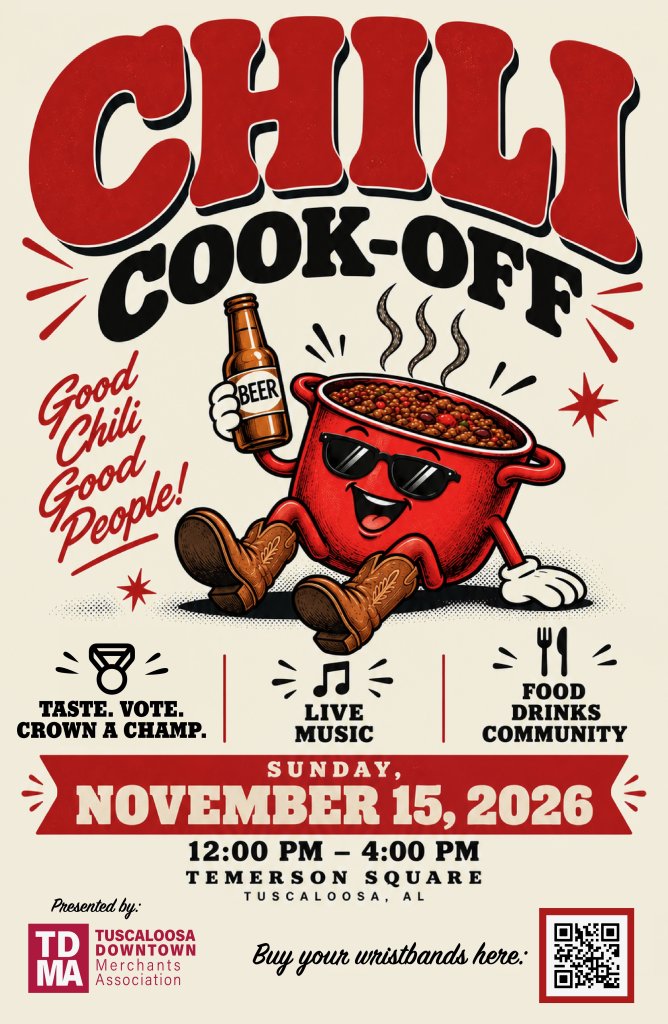 A promotional poster for a chili cook-off event featuring a cartoon chili pot character in Tuscaloosa, Alabama.