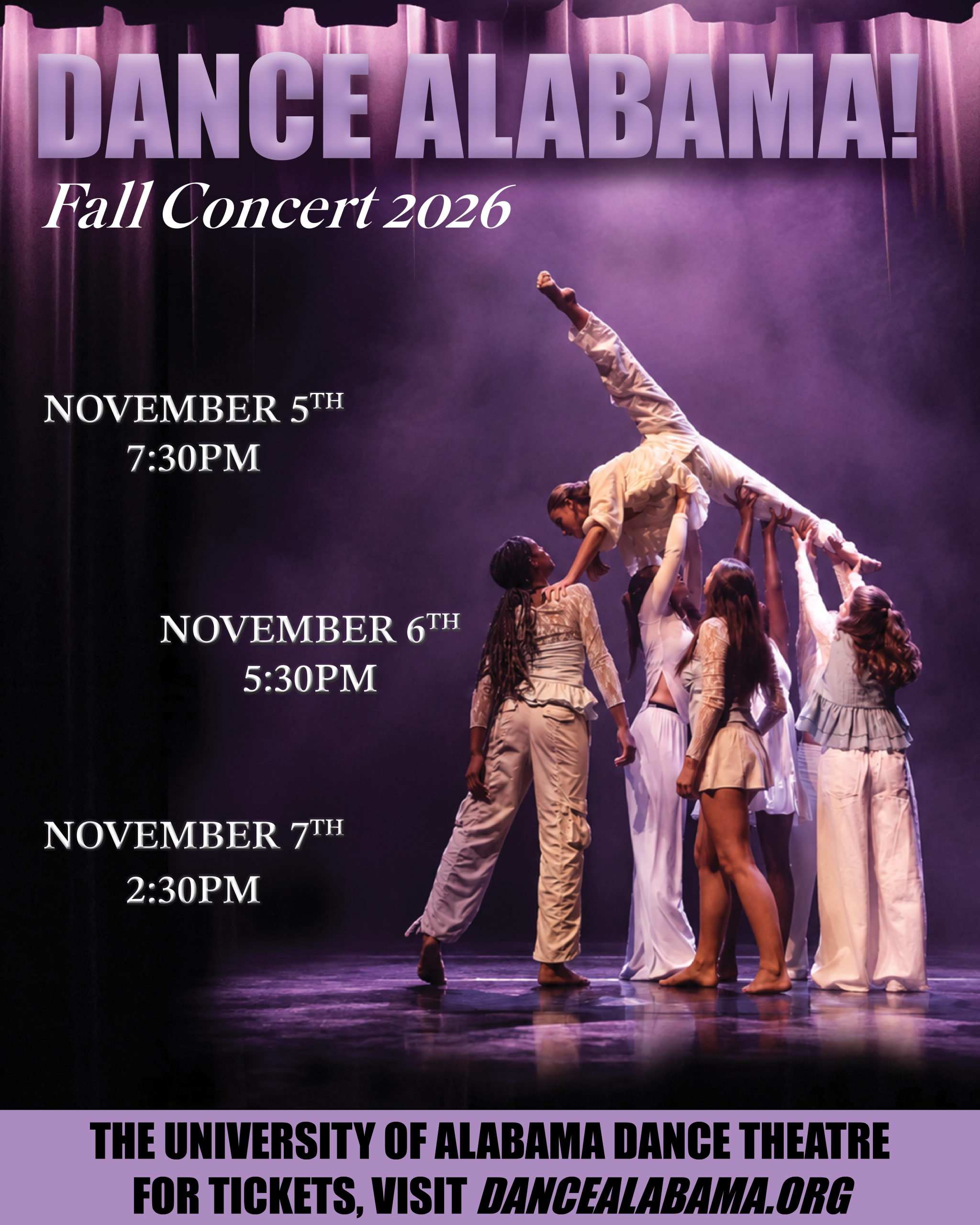A group of dancers performs a lift on stage for the Dance Alabama Fall Concert in Tuscaloosa, Alabama.