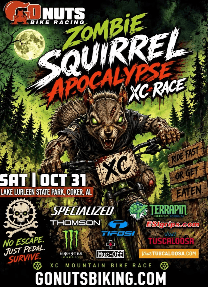 A promotional poster for a Zombie Squirrel Apocalypse mountain bike race in Tuscaloosa, Alabama.