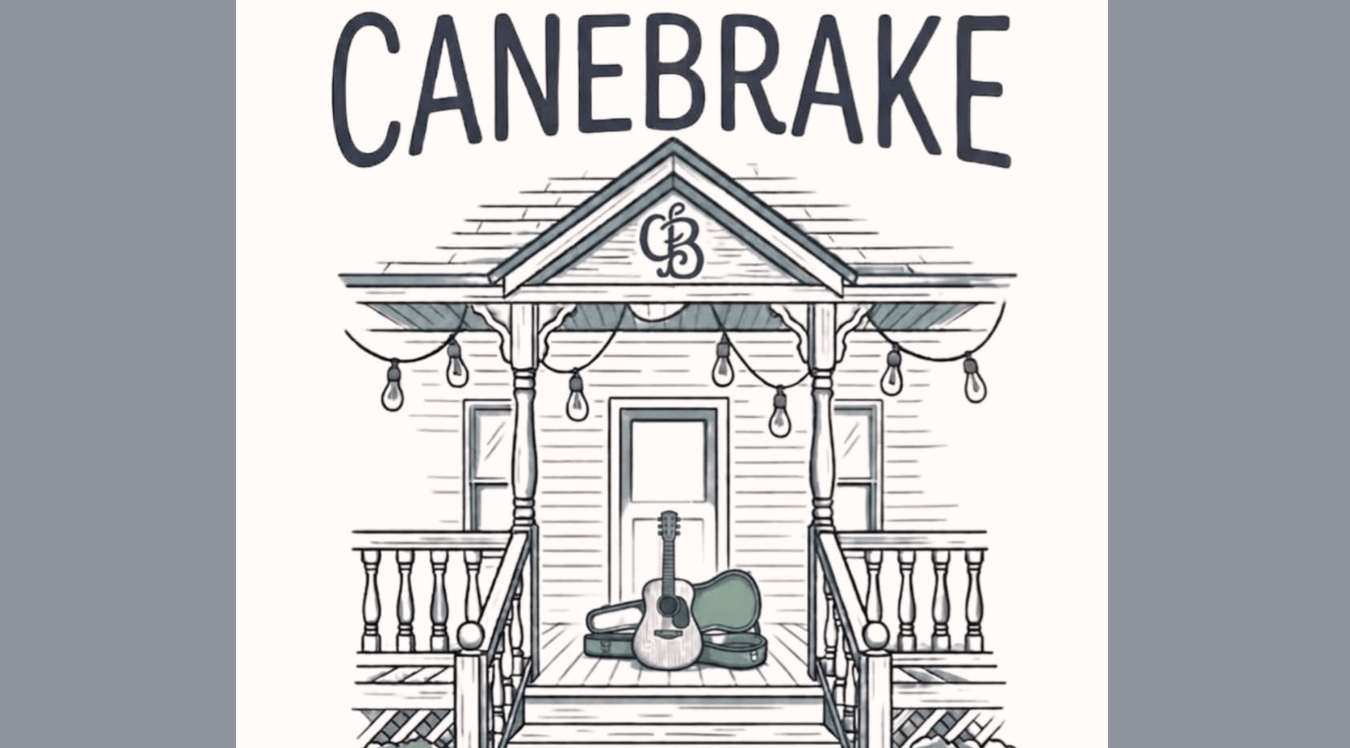 A line art illustration of a porch with a guitar and case in Tuscaloosa, Alabama.