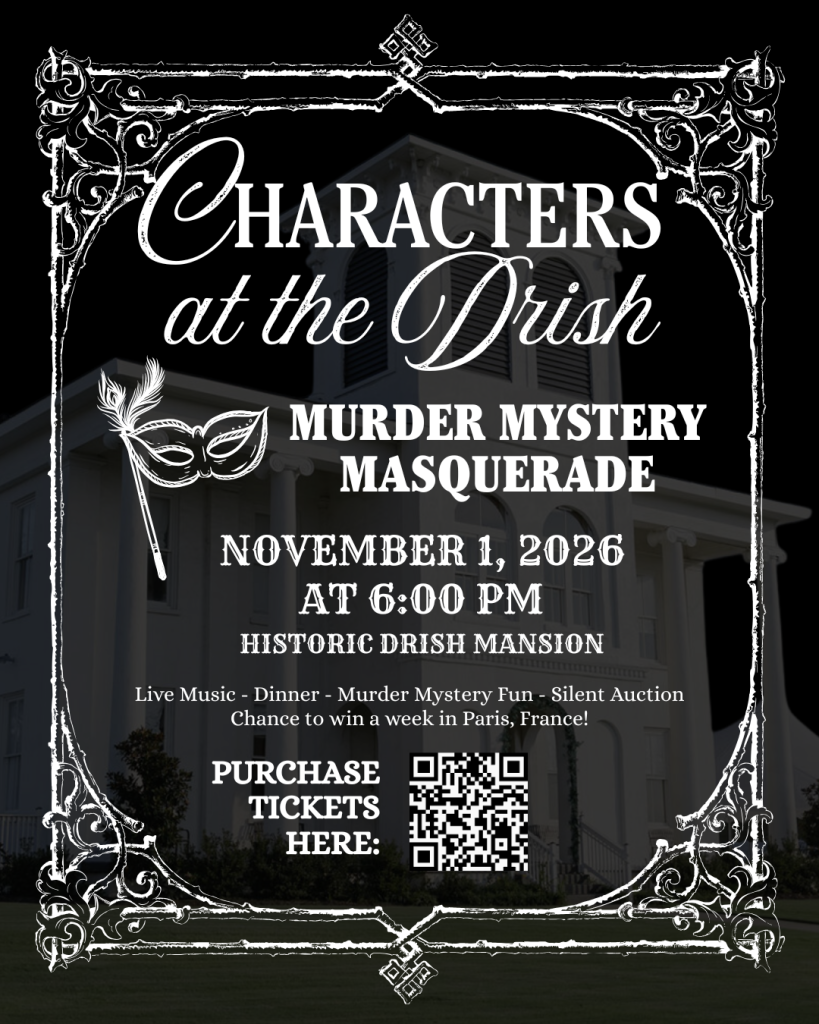 A flyer for a murder mystery masquerade event at the historic Drish Mansion in Tuscaloosa, Alabama.