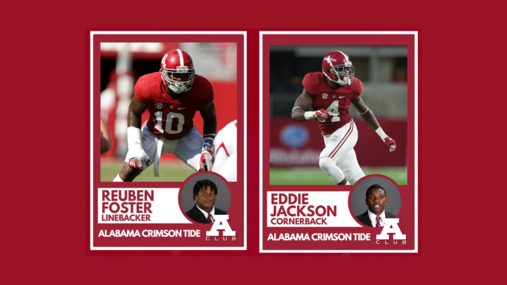 Two Alabama Crimson Tide football players featured on individual trading cards in Tuscaloosa, Alabama.