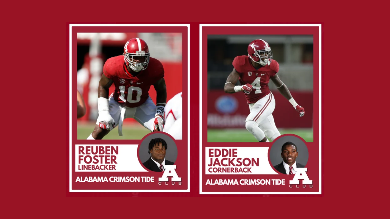 Two Alabama Crimson Tide football players featured on individual trading cards in Tuscaloosa, Alabama.