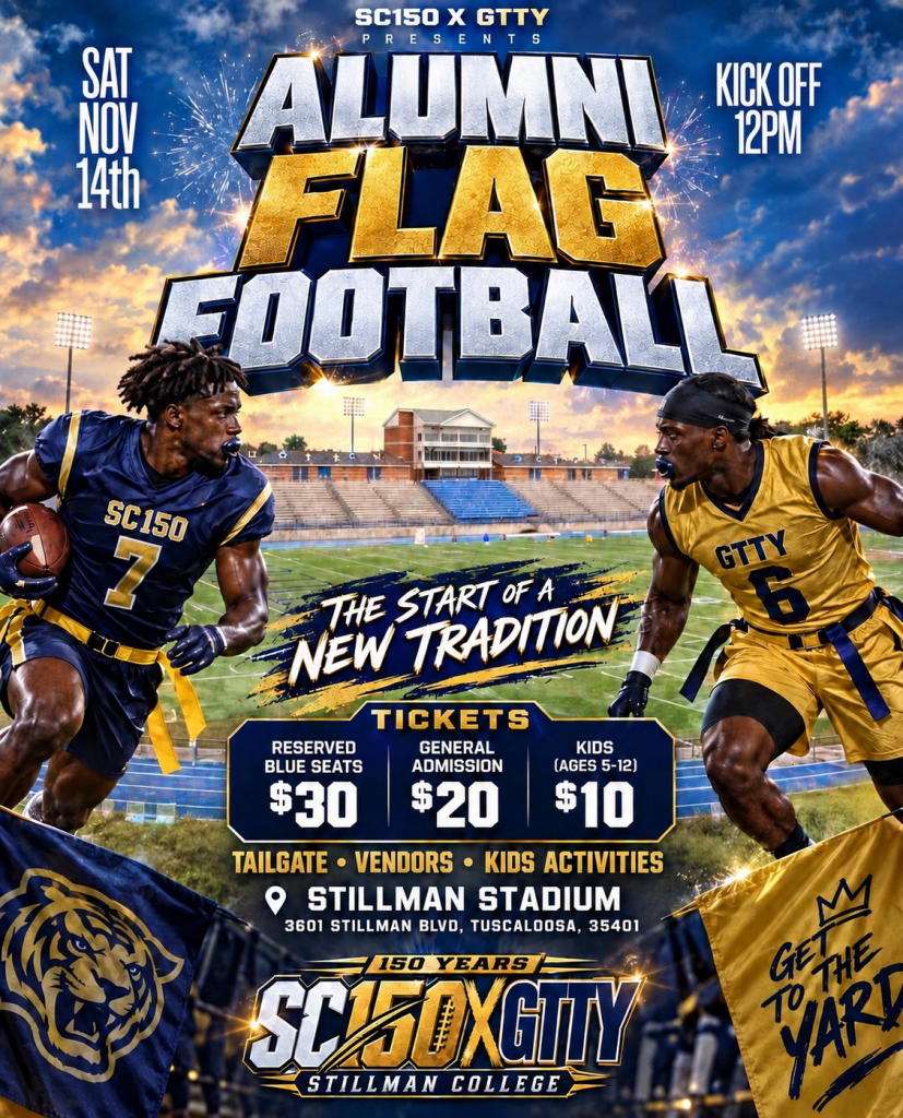 A promotional poster for an alumni flag football game at Stillman Stadium in Tuscaloosa, Alabama.